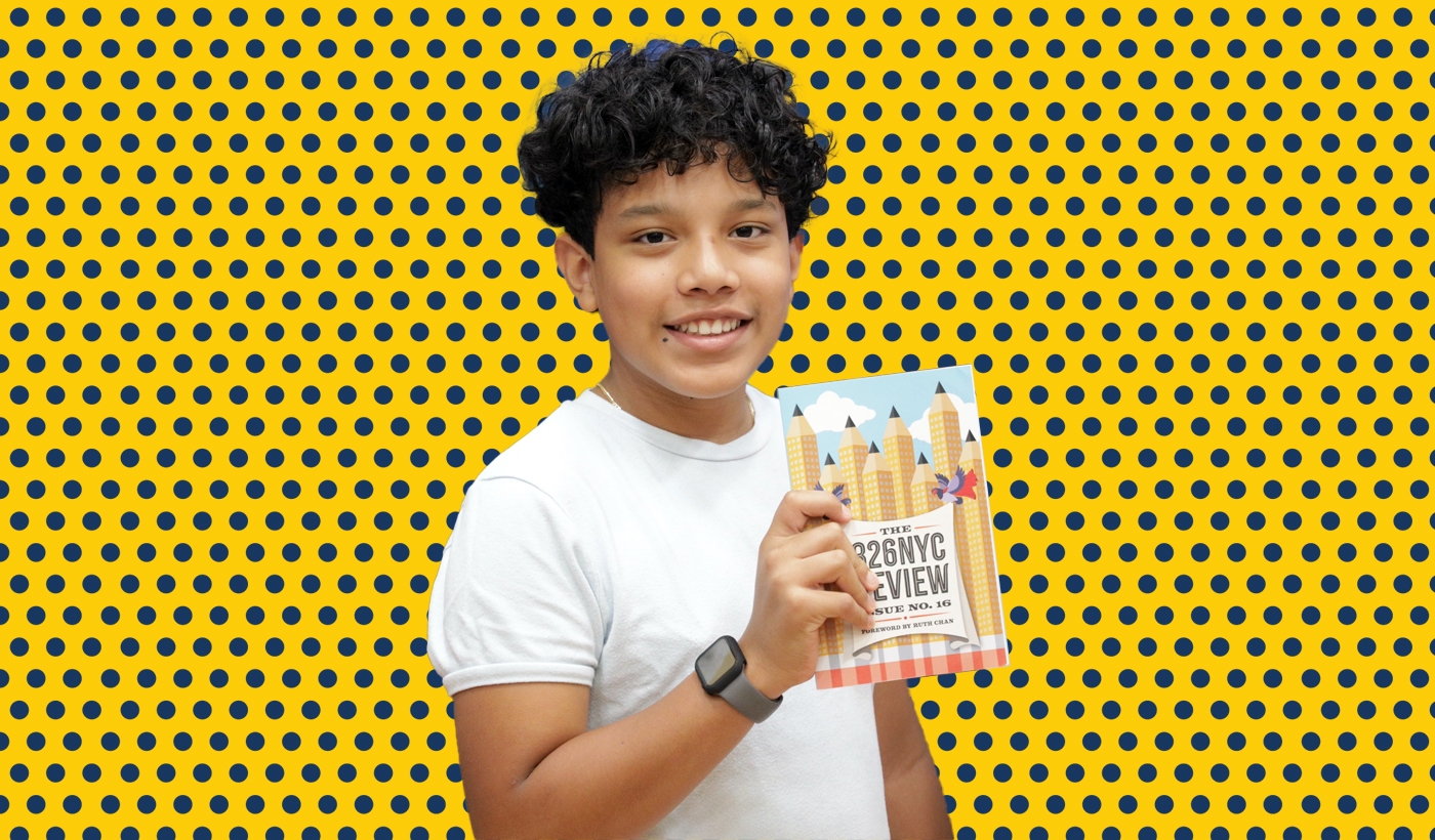 Lhiam R smiles and holds up a copy of the 826NYC Review Issue No. 16, in front of a yellow background with navy polkadots.